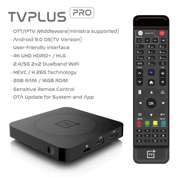 TVPlus PRO Android 9.0 2GB+16GB IPTV SET TOP TV Box 2.4/5G Duo Band Wifi, Stalker and Xtreme Code Support - Image 2